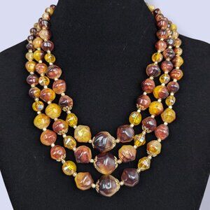 V. 3-Strand Brown & Yellow Beaded Statement Necklace